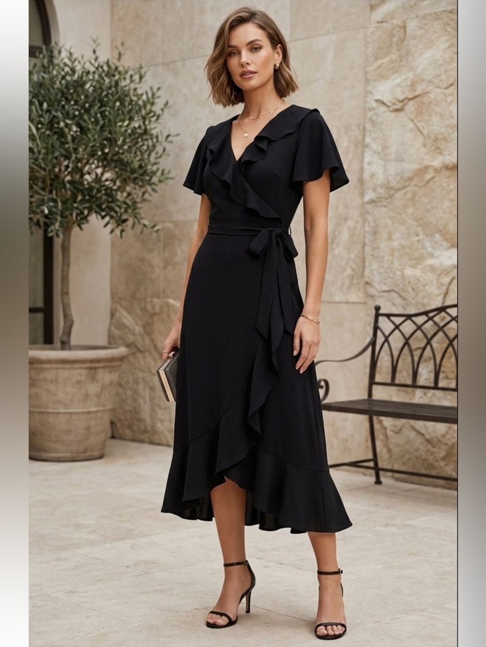 Chelsea28 Black Wrap Cocktail Midi Dress